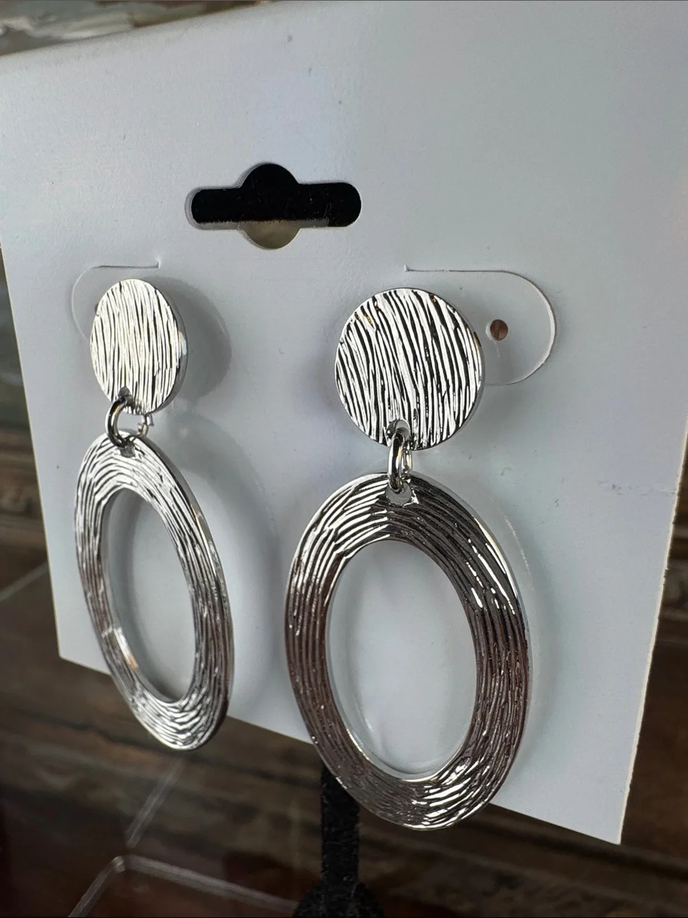 0504-Classic Textured Silver Drop Hoop Earrings